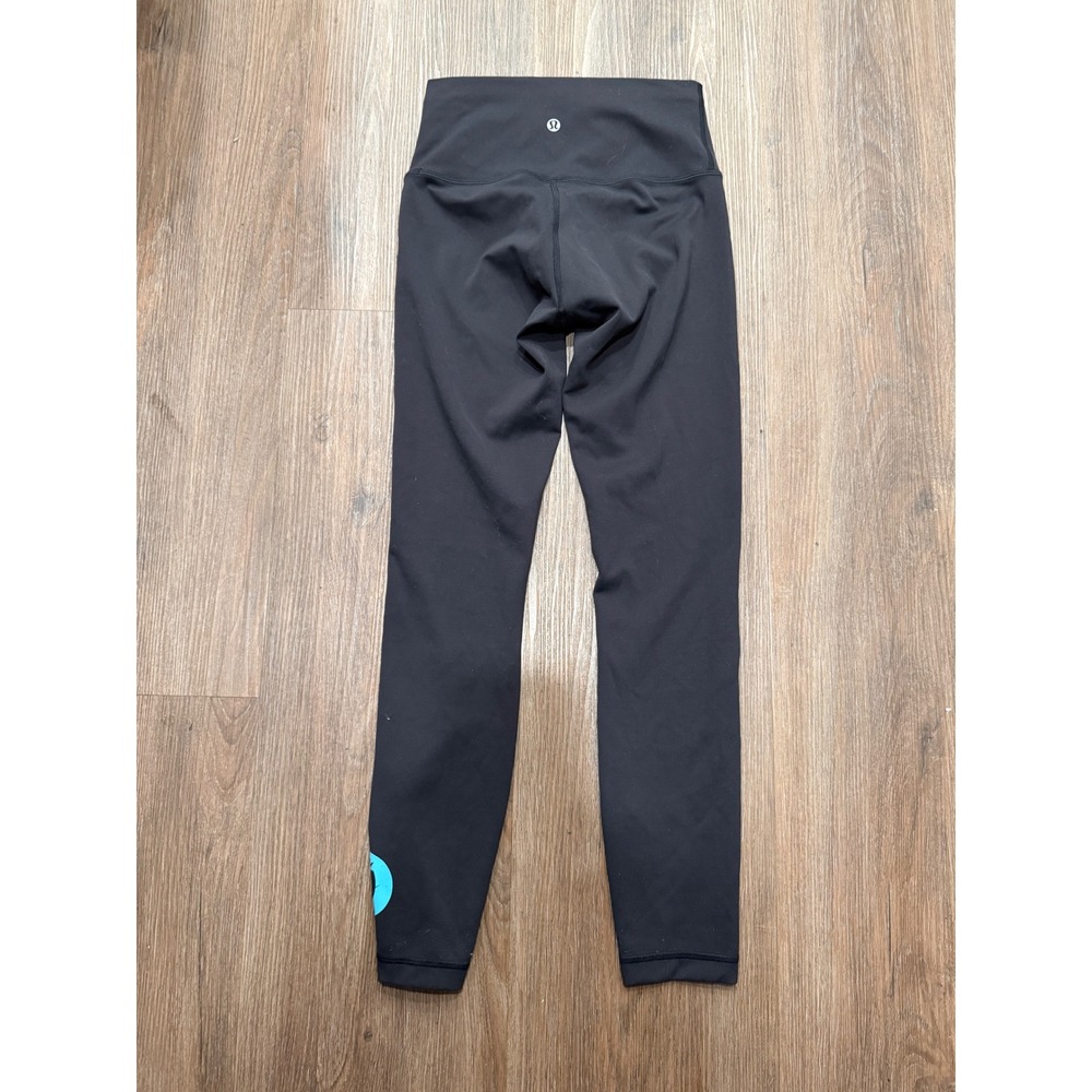 Lululemon Women Black High Rise Graphic Logo Leggings Size 4 Teal Accent